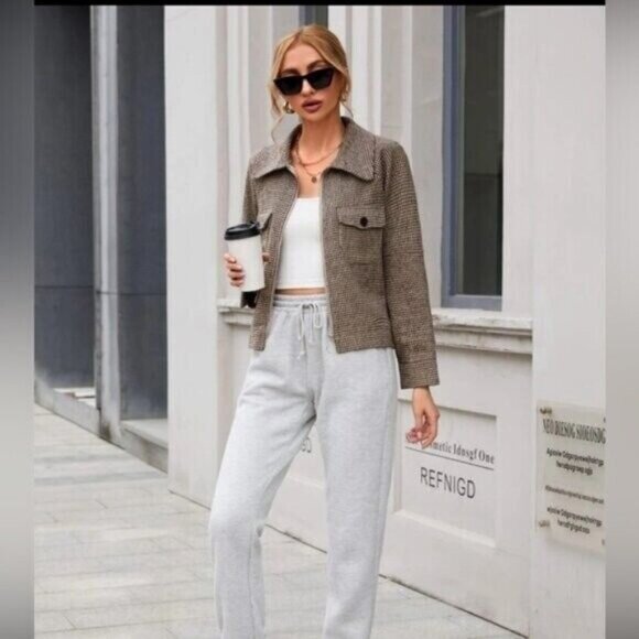 Houndstooth Zip Up Flap Pocket Raglan Sleeve Short Jacket S - Picture 6 of 12